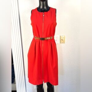 Elegant Red Sleeveless Dress with Belt